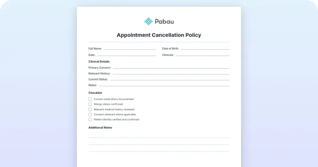 Appointment Cancellation Policy preview from Pabau