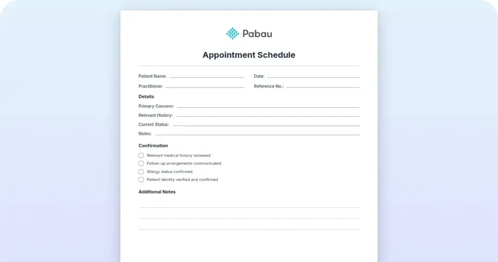 Free appointment schedule template (printable PDF) preview from Pabau