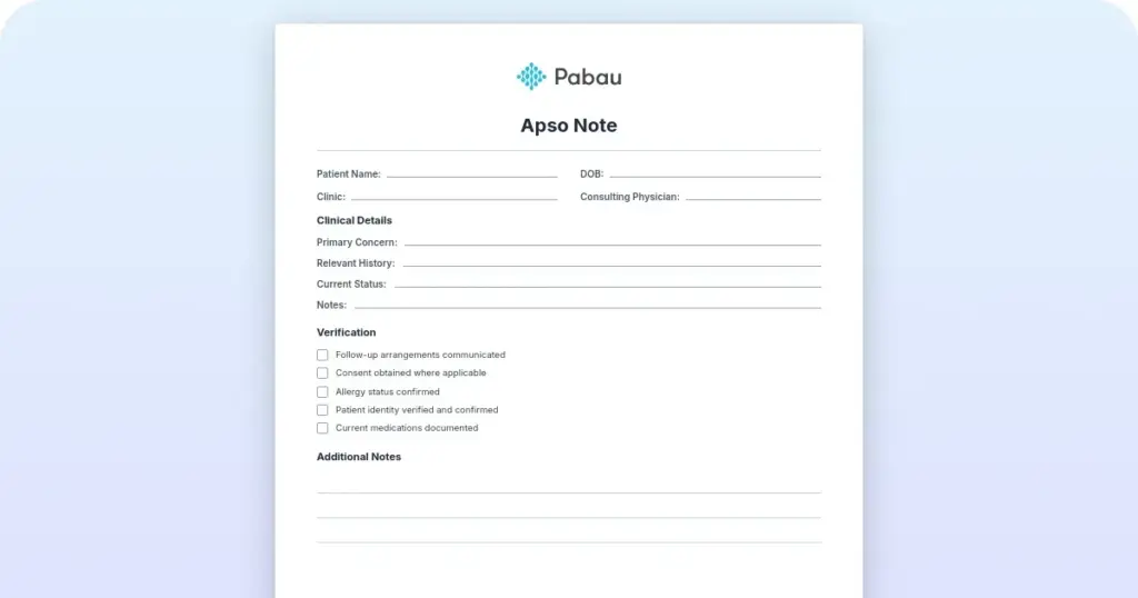 APSO note template: Guide to assessment, plan, subjective, objective preview from Pabau