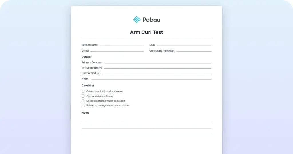 Arm curl test: Free score sheet and normative reference guide preview from Pabau