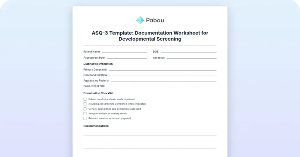 ASQ-3 Template: Documentation Worksheet for Developmental Screening