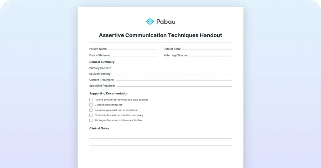 Assertive communication techniques handout: Free patient education resource preview from Pabau