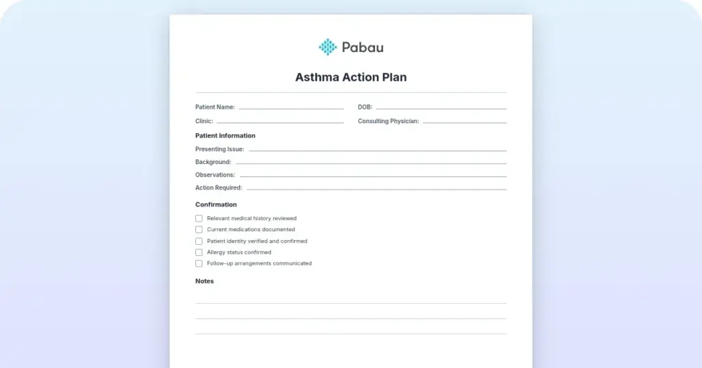 Asthma action plan template preview from Pabau