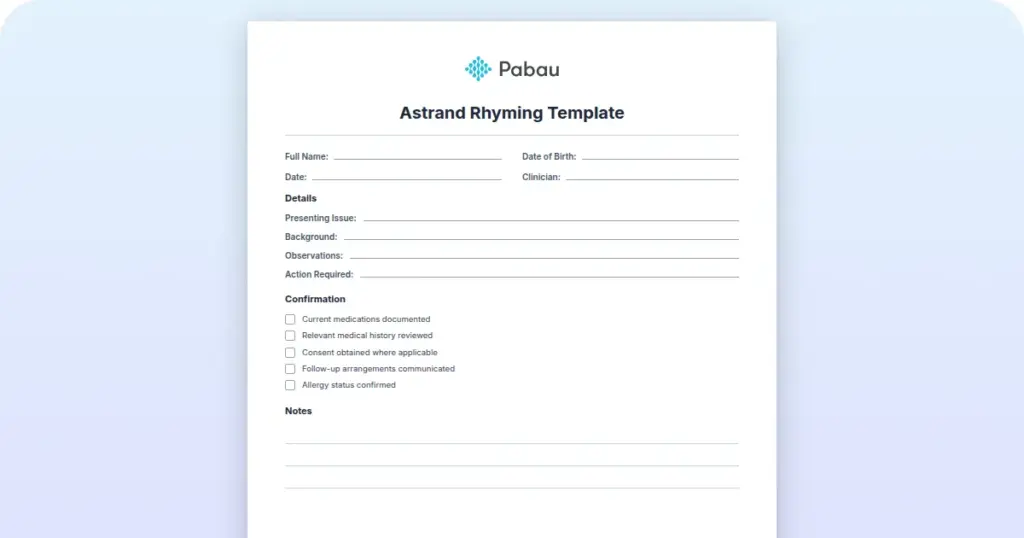 Astrand Rhyming Template preview from Pabau