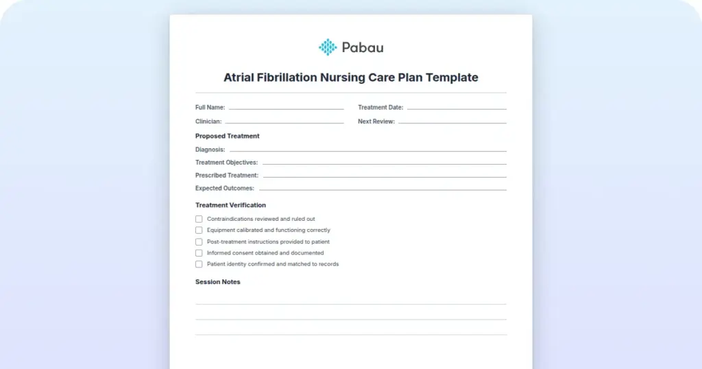 Atrial Fibrillation Nursing Care Plan Template preview from Pabau