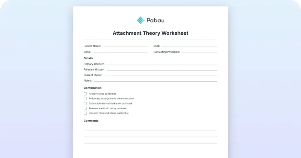 Attachment theory worksheet preview from Pabau