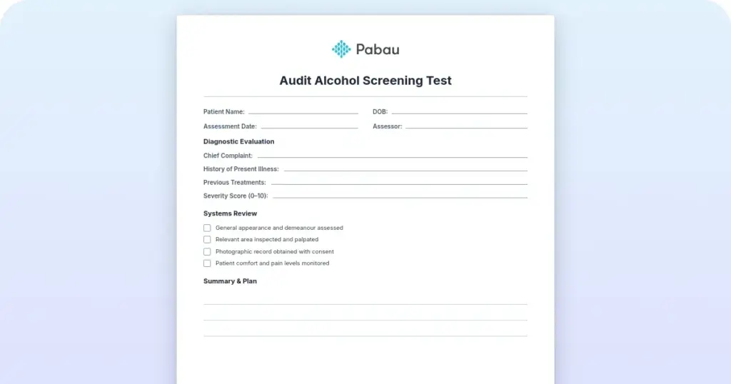 AUDIT alcohol screening test: Free PDF and scoring guide preview from Pabau