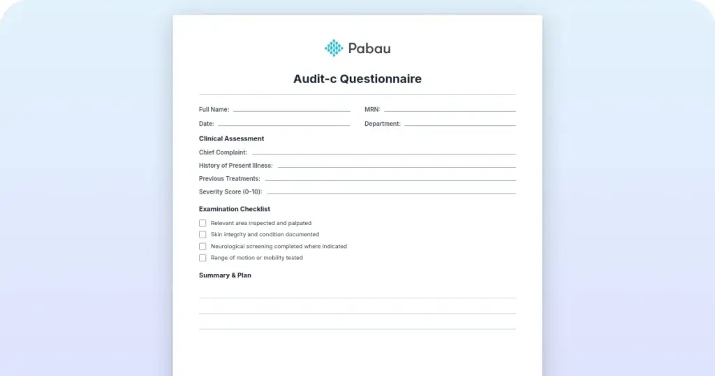 AUDIT-C questionnaire: A free alcohol screening tool for practices preview from Pabau