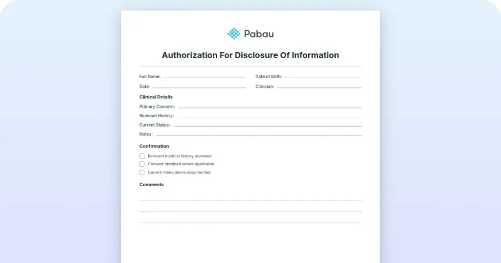 Authorization for disclosure of information preview from Pabau