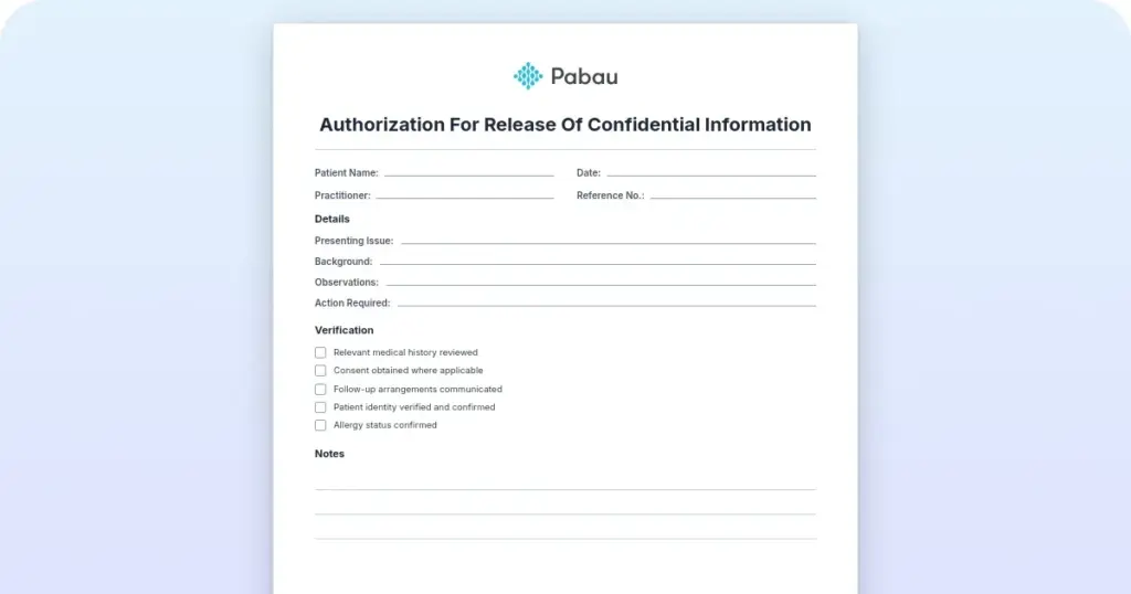 Authorization for release of confidential information preview from Pabau