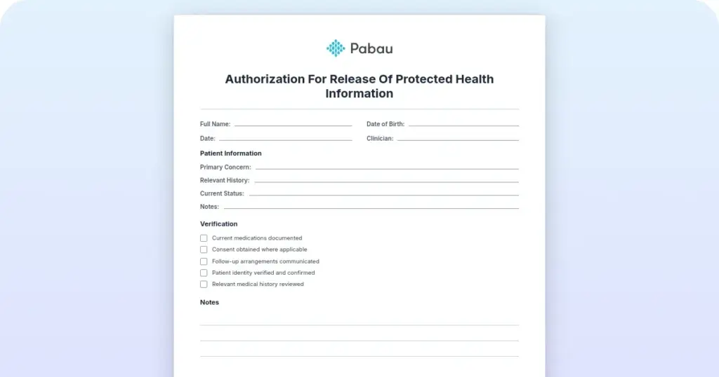 Authorization for release of protected health information preview from Pabau