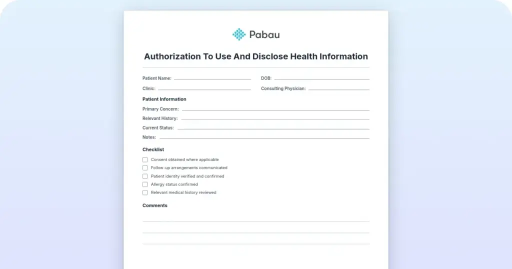 Authorization to use and disclose health information preview from Pabau