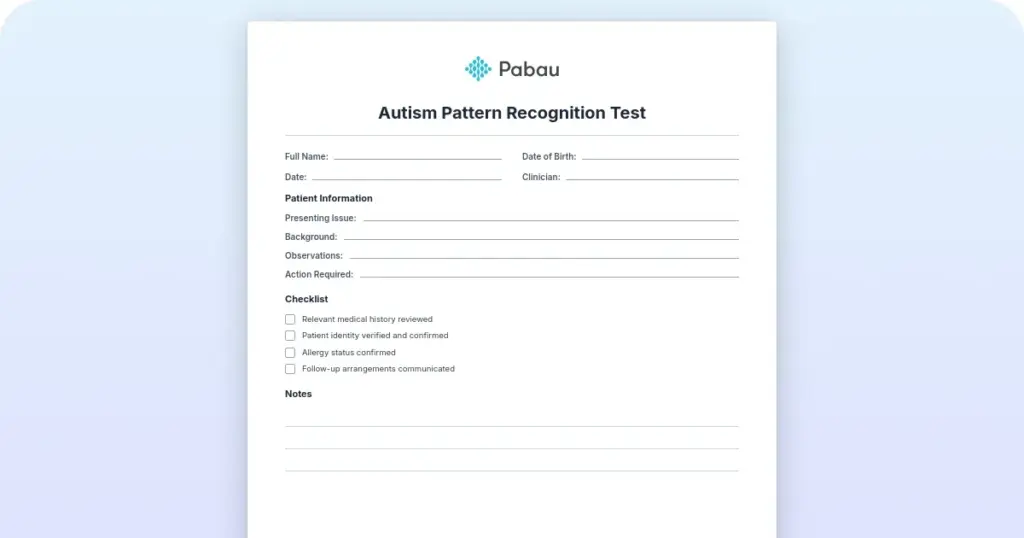 Autism pattern recognition test preview from Pabau