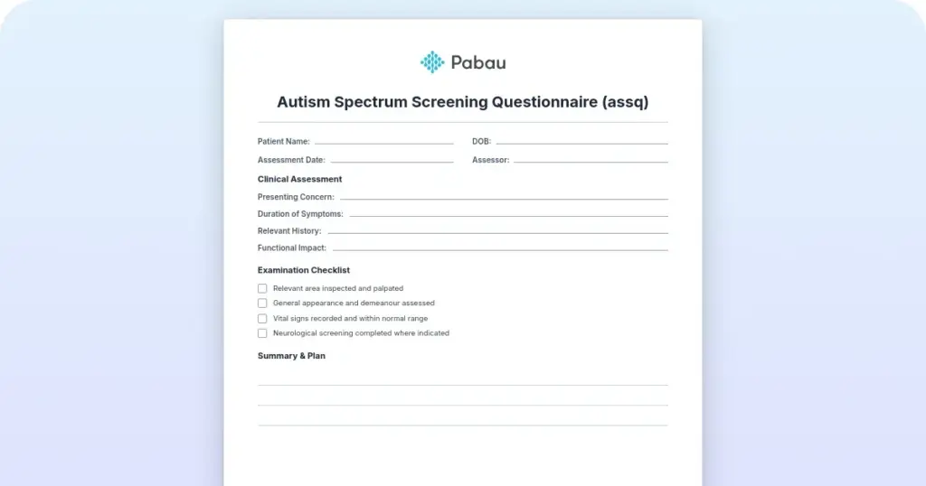 Autism spectrum screening questionnaire (ASSQ) preview from Pabau