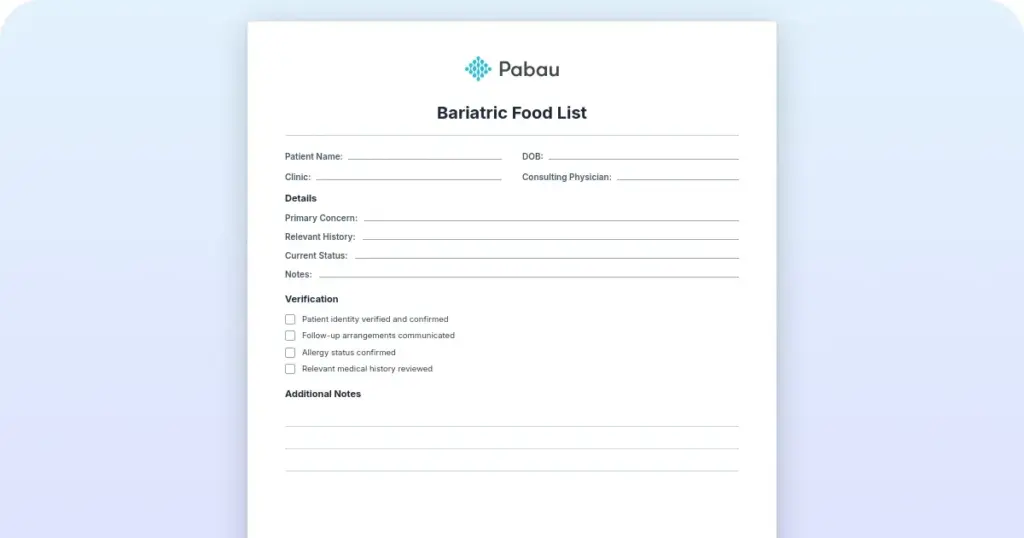 Bariatric food list template: Free download for all 5 stages preview from Pabau