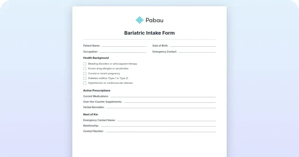 Bariatric intake form preview from Pabau