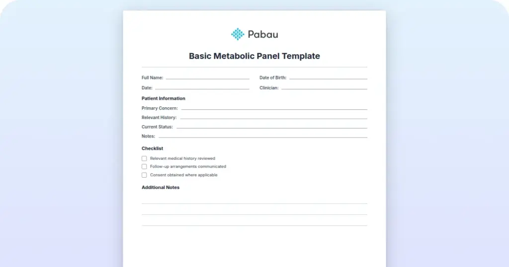 Basic Metabolic Panel Template preview from Pabau