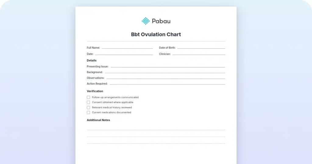 Basal body temperature (BBT) ovulation chart preview from Pabau
