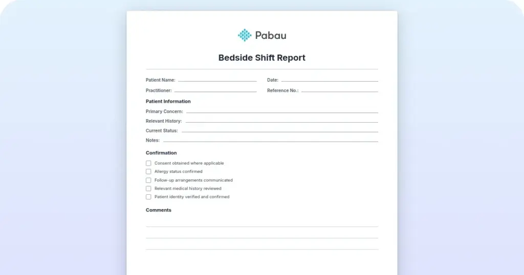 Bedside shift report template preview from Pabau