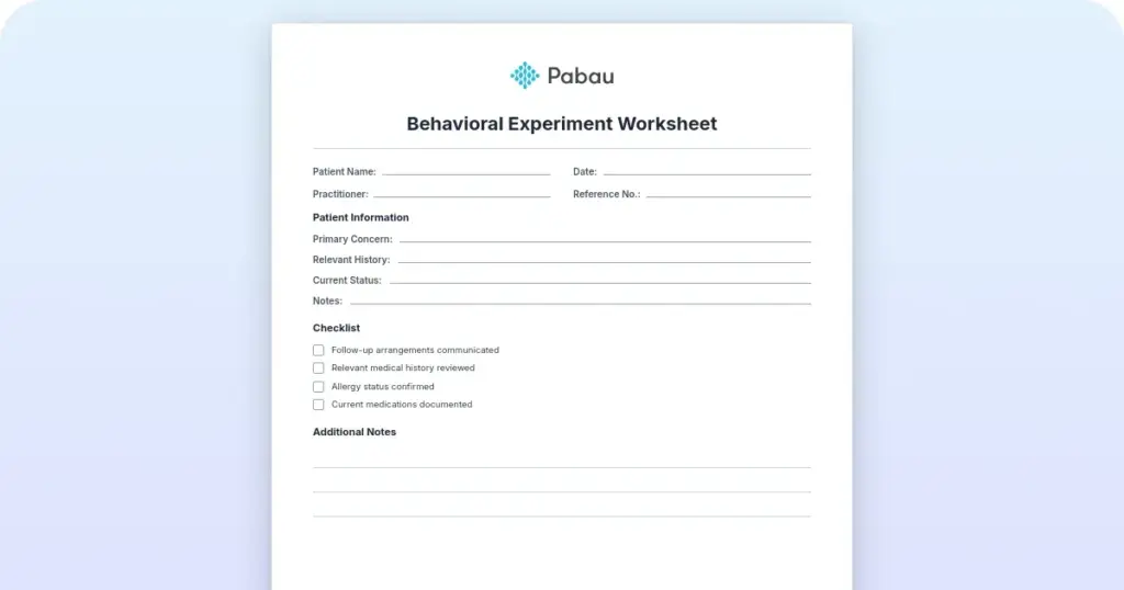 Behavioral experiment worksheet: a free CBT tool for testing beliefs preview from Pabau