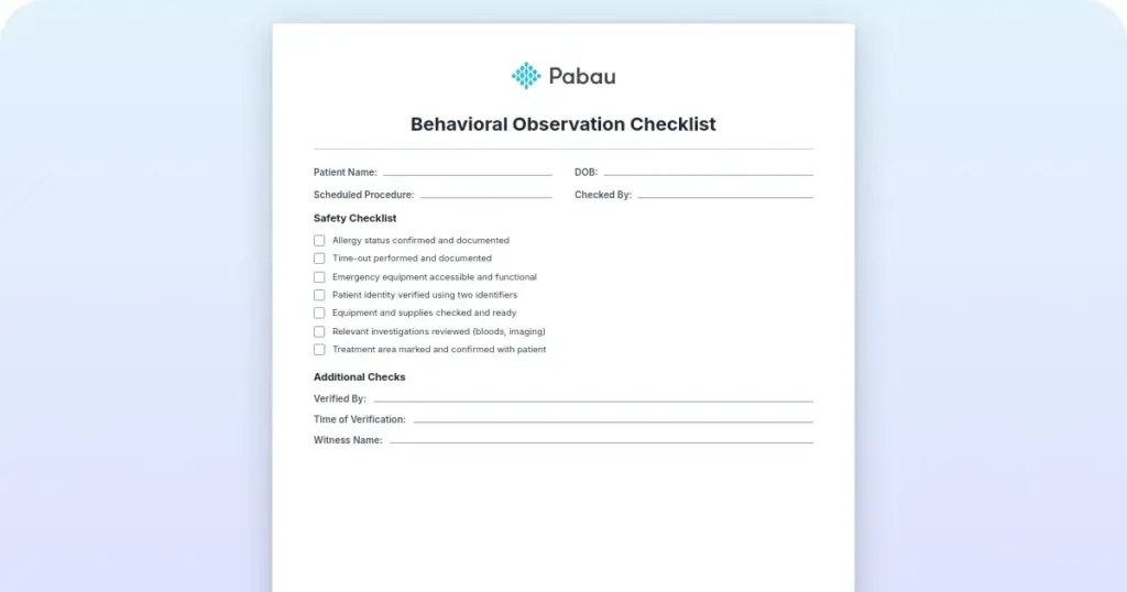 Behavioral observation checklist preview from Pabau