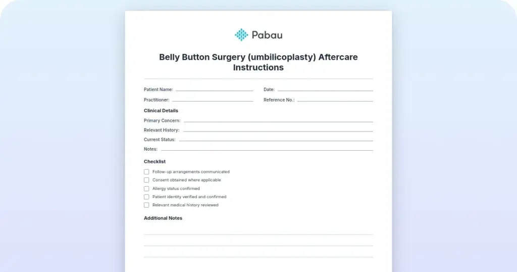 Belly button surgery (umbilicoplasty) aftercare instructions preview from Pabau