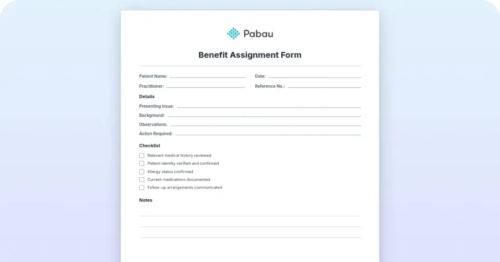 Assignment of benefits form template preview from Pabau
