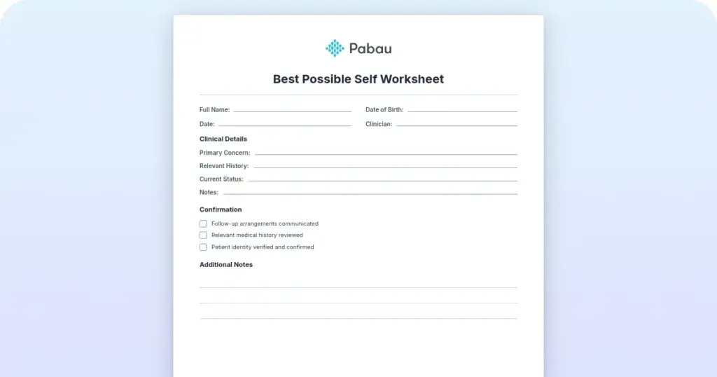 Best possible self worksheet: Free download for therapists preview from Pabau