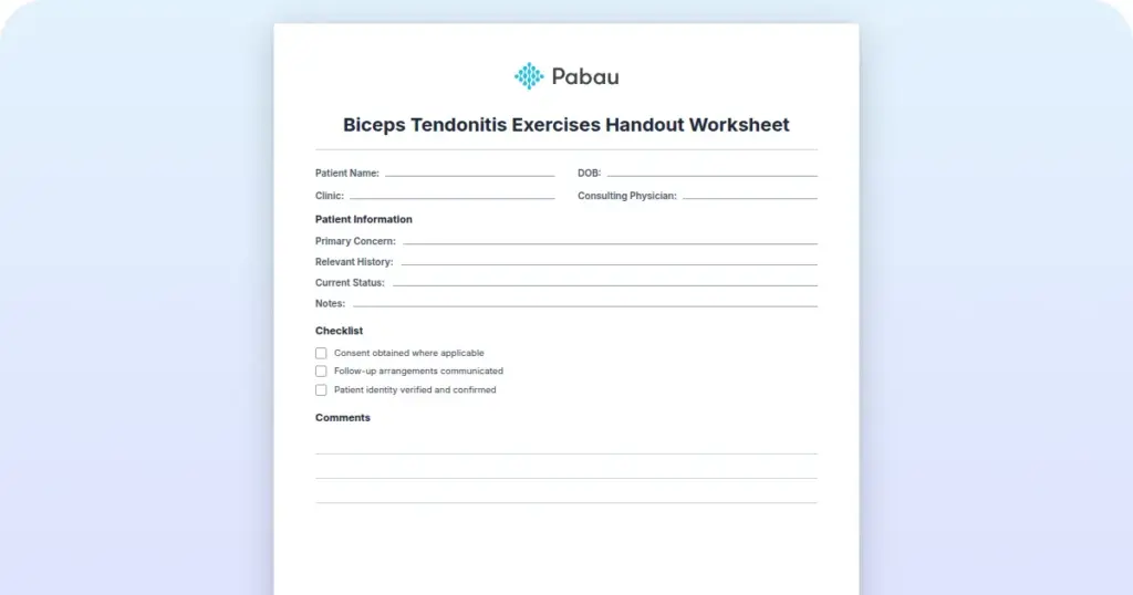 Biceps Tendonitis Exercises Handout Worksheet