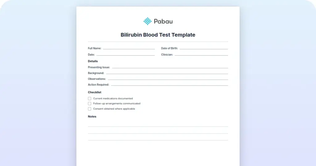 Bilirubin Blood Test Template preview from Pabau