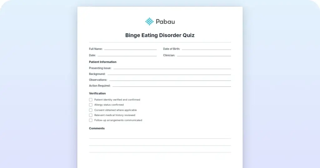 Binge eating disorder questionnaire preview from Pabau