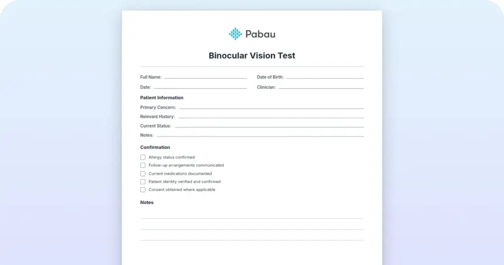 Binocular vision test preview from Pabau