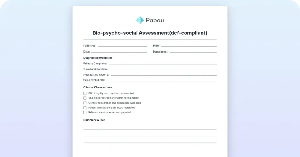 Biopsychosocial assessment template (DCF-compliant) preview from Pabau