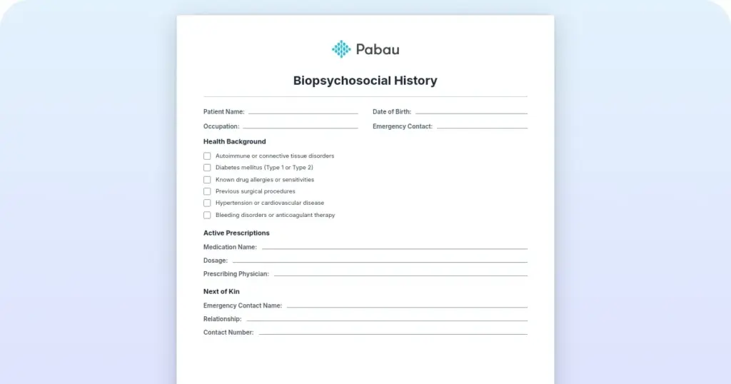 Biopsychosocial History preview from Pabau