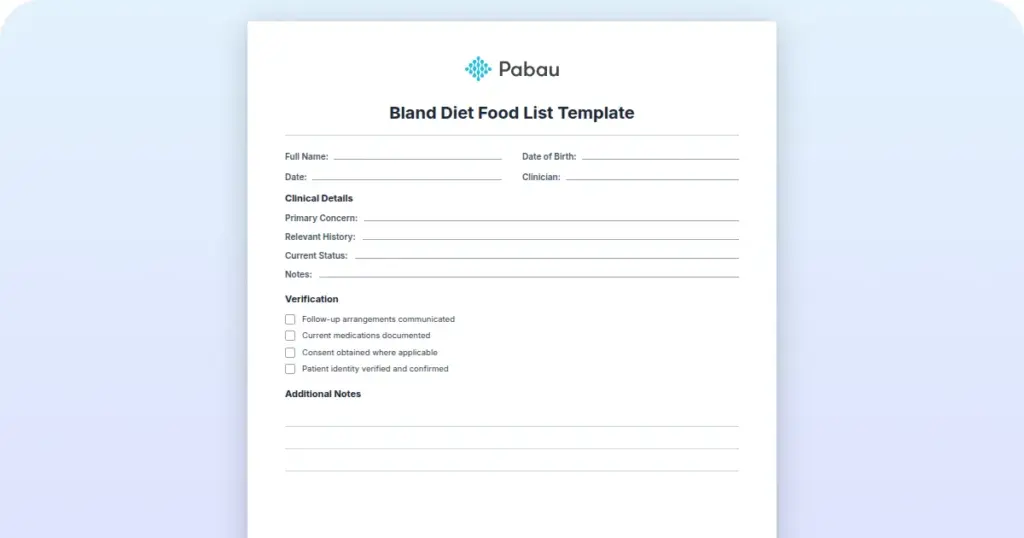 Bland Diet Food List Template preview from Pabau