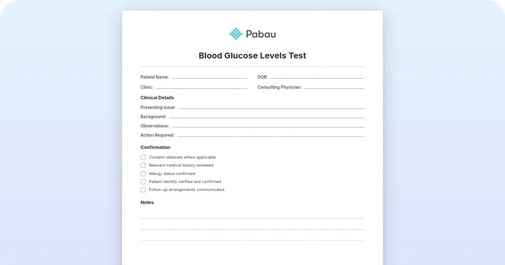 Blood glucose log: reference ranges and tracking template preview from Pabau