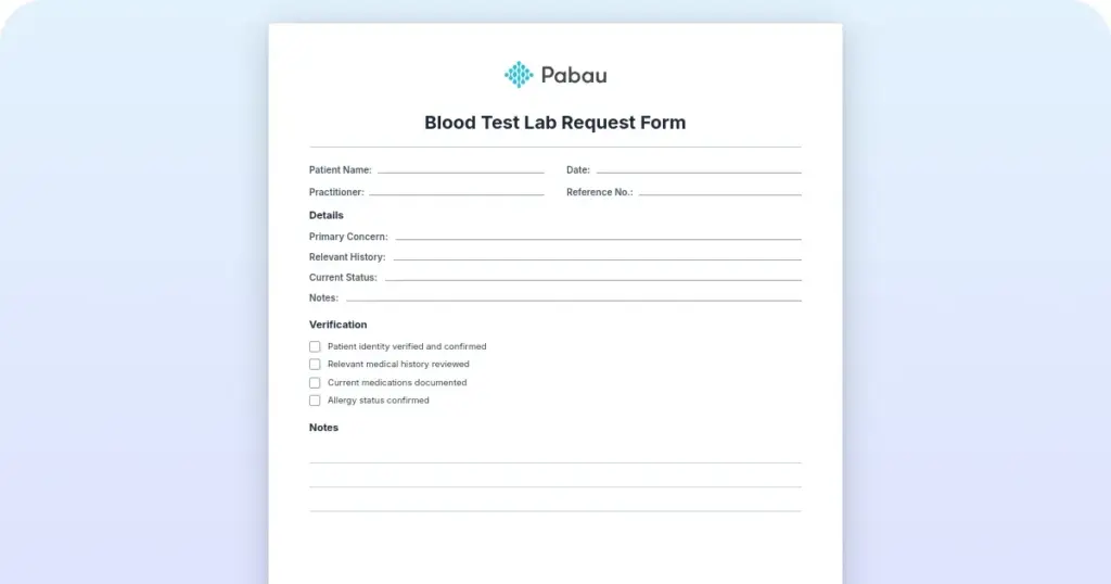 Blood test lab request form: Free template and required fields preview from Pabau