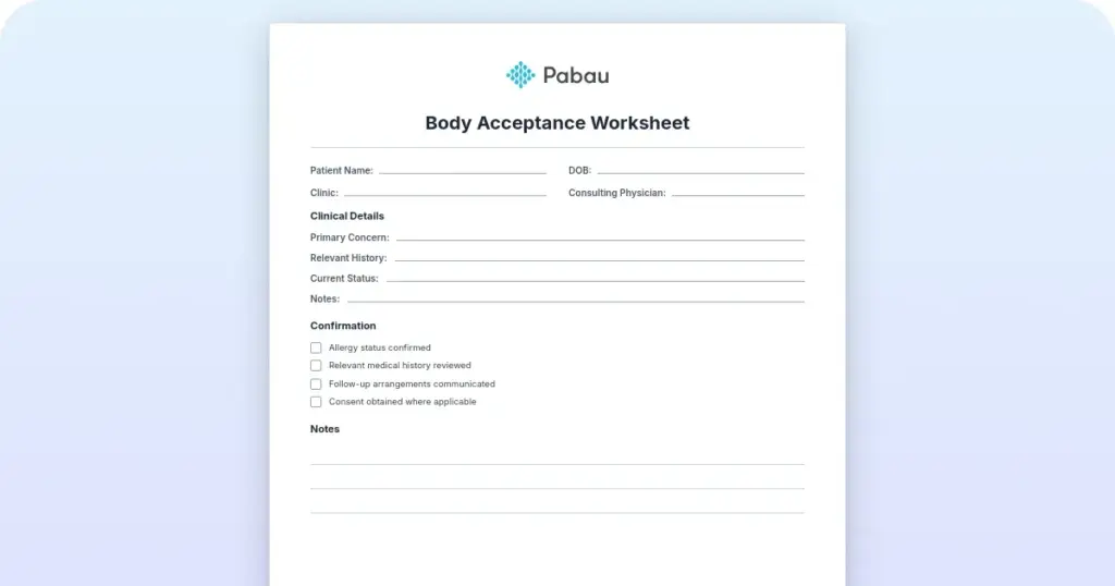 Body acceptance worksheet preview from Pabau
