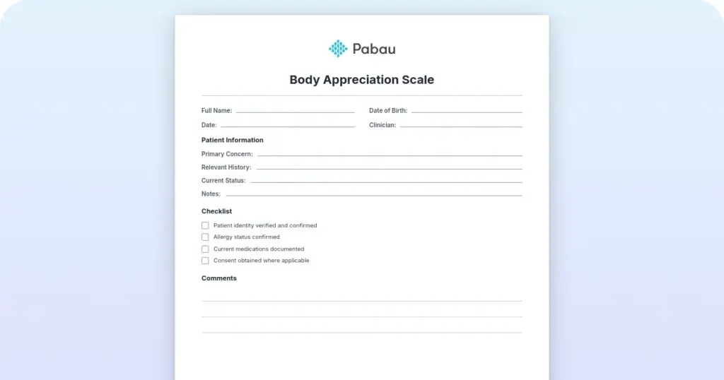 Body appreciation scale: Free questionnaire and scoring guide preview from Pabau