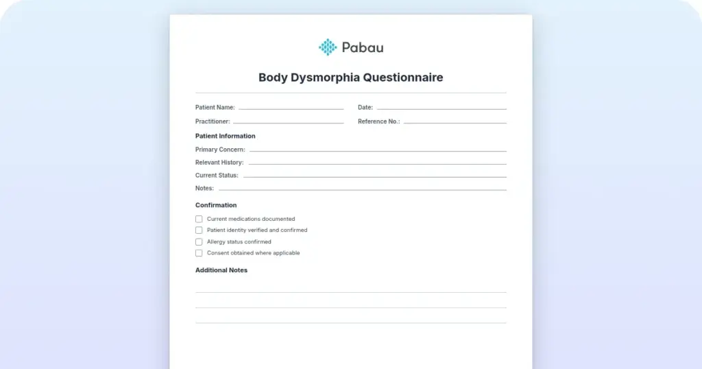 Body dysmorphia questionnaire preview from Pabau