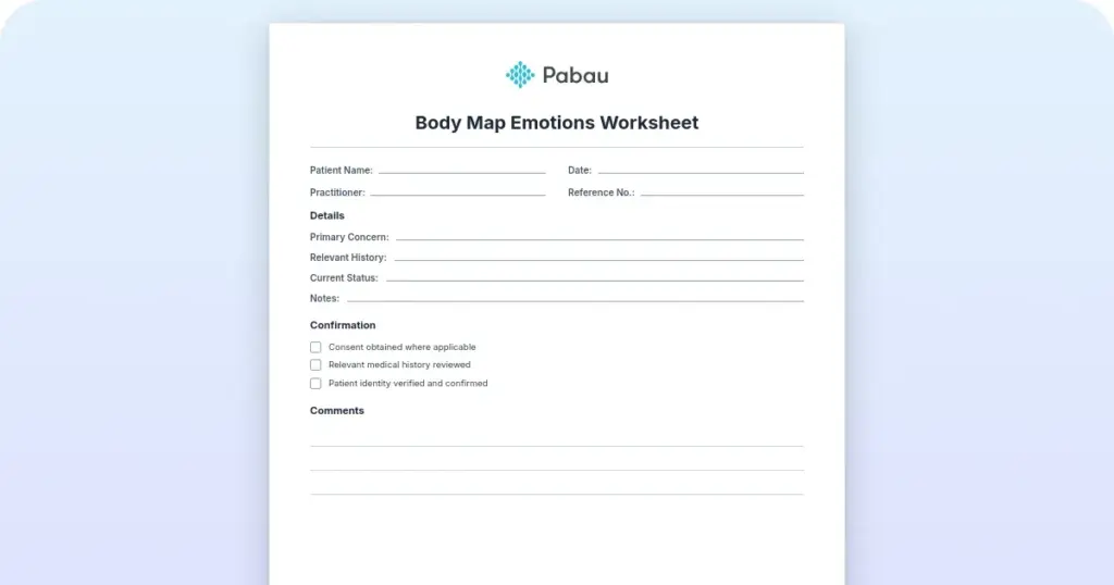 Body map emotions worksheet preview from Pabau