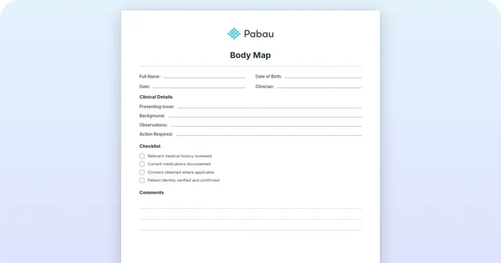 Body map template: Free clinical assessment tool preview from Pabau