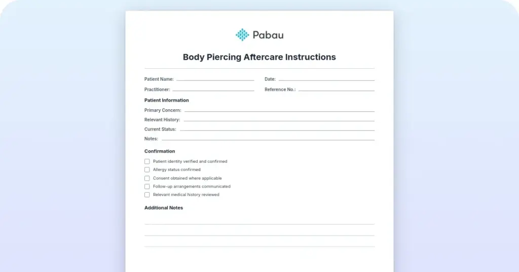 Body piercing aftercare instructions preview from Pabau