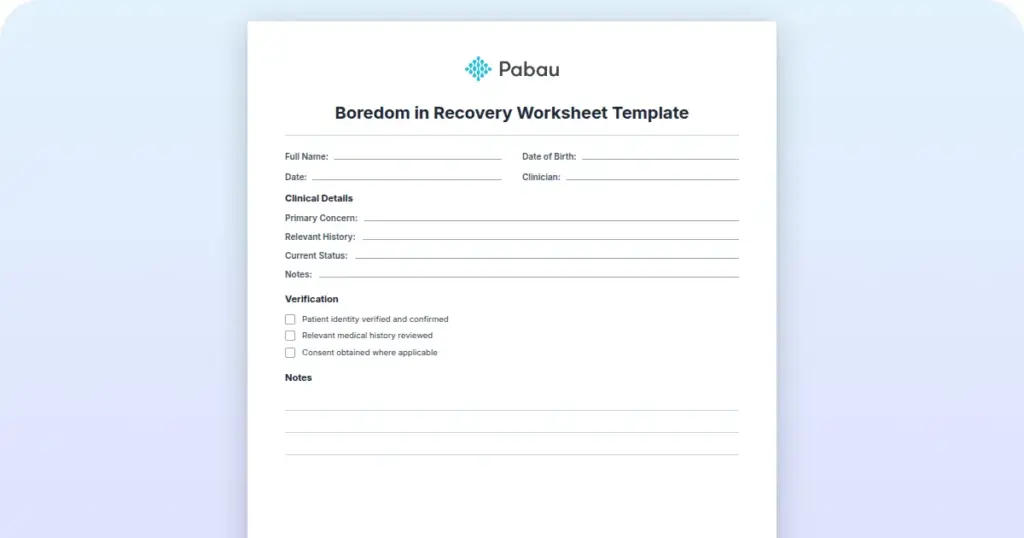 Boredom in Recovery Worksheet Template preview from Pabau