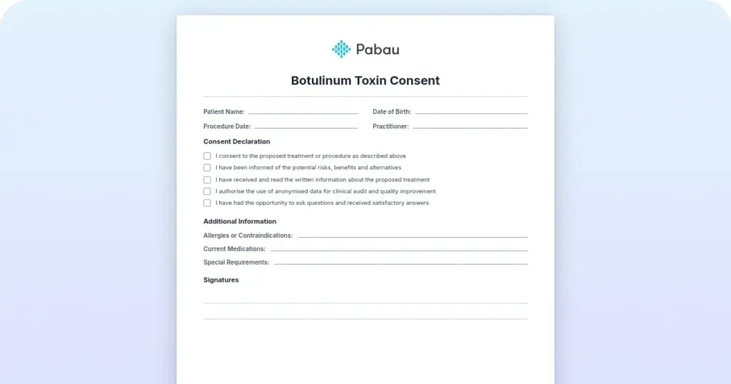 Botox (botulinum toxin) consent form template preview from Pabau