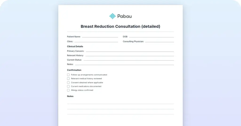 Breast reduction consultation form explained preview from Pabau