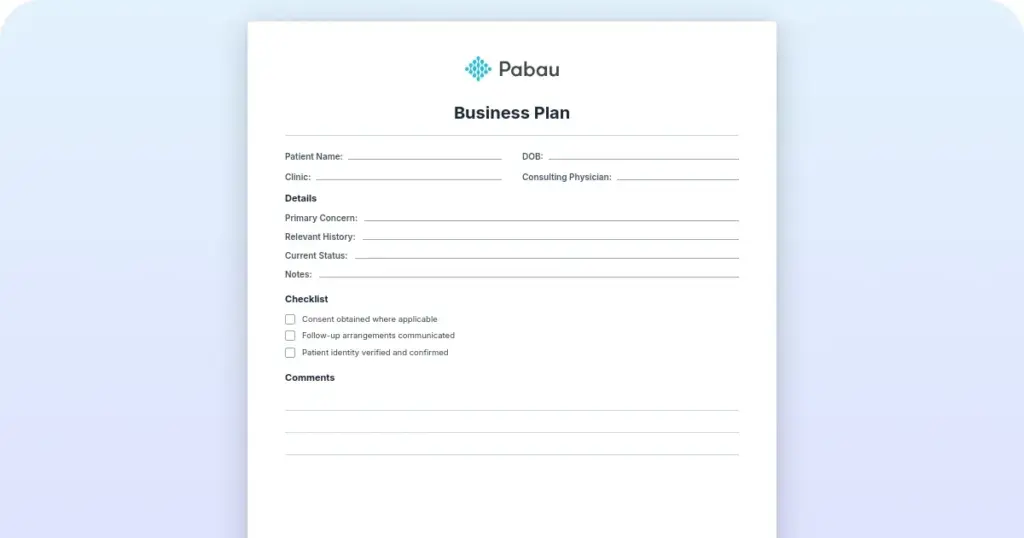 Medical practice business plan template preview from Pabau