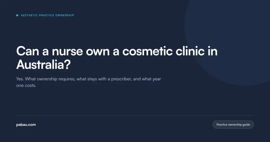 Pabau blog card: can a nurse own a cosmetic clinic in Australia, covering what ownership requires and what year one costs