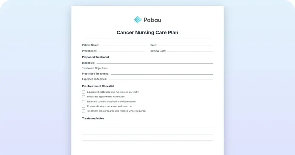 Cancer nursing care plan template preview from Pabau