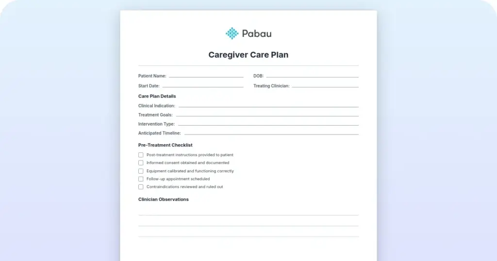 Caregiver care plan: Free template preview from Pabau